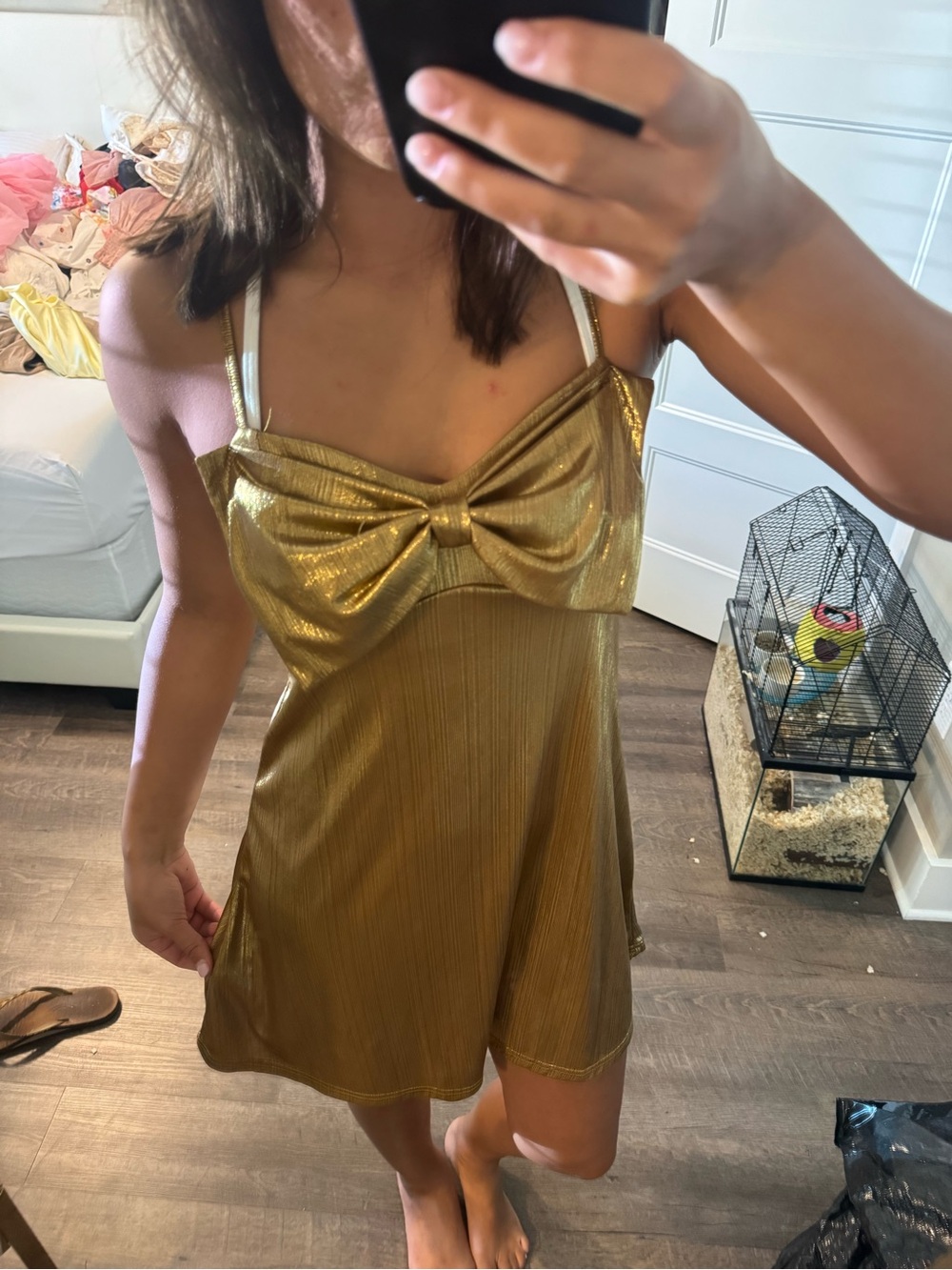 SHEIN Gold Metallic Bow-Front Mini Dress